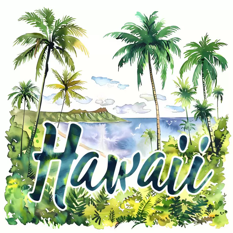 tropical island hawaii watercolor lush plants