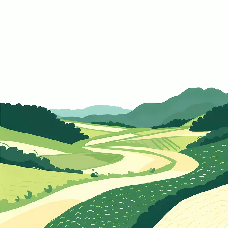 valley trees road green sunset