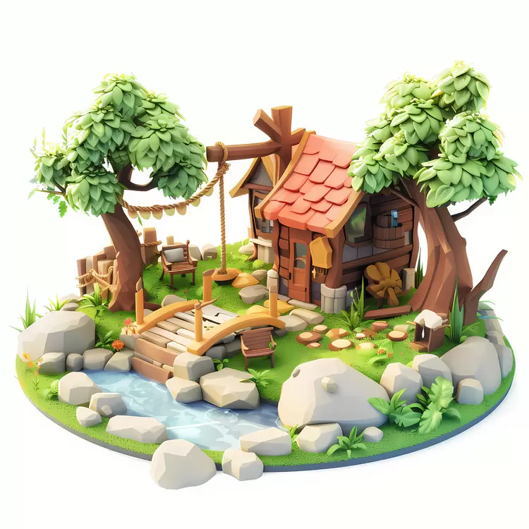 peaceful scene 3d model wood house summer yard waterfall