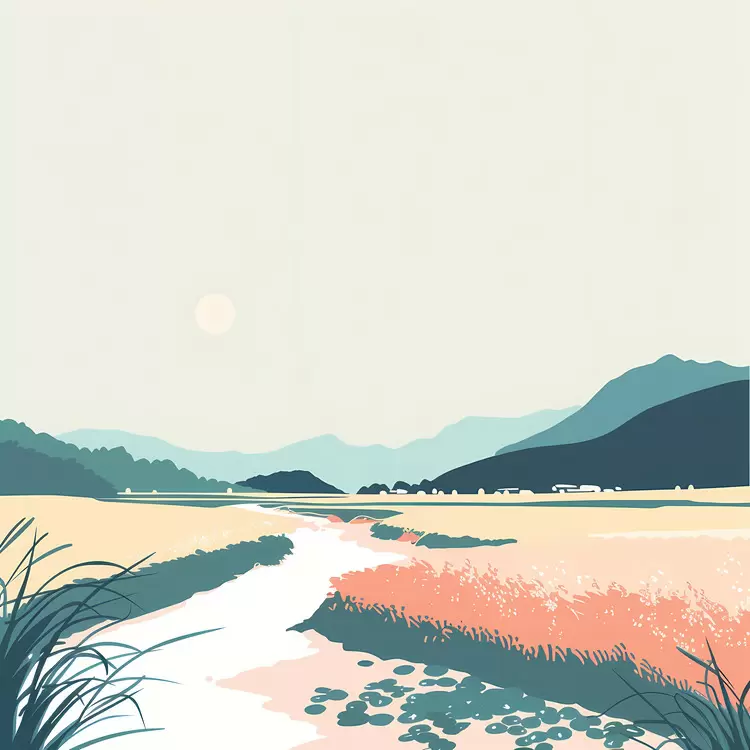 water orange grassy rice paddy mountains
