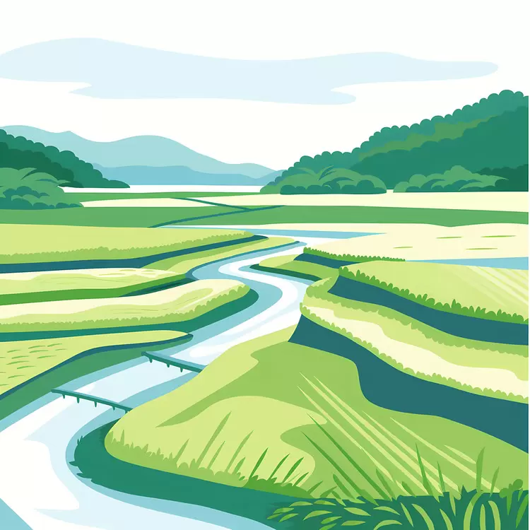 rice paddy blue sky water river sun