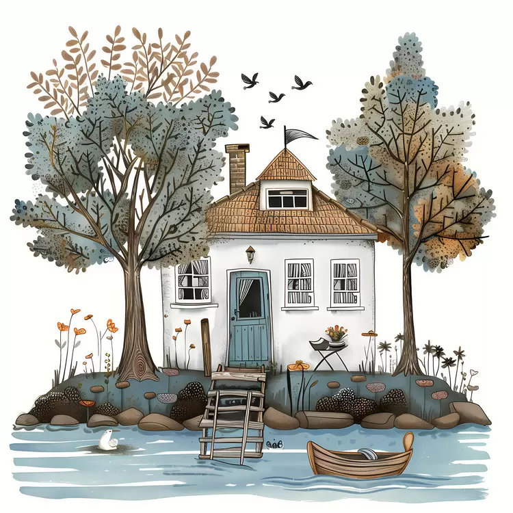 rural house trees boat birds