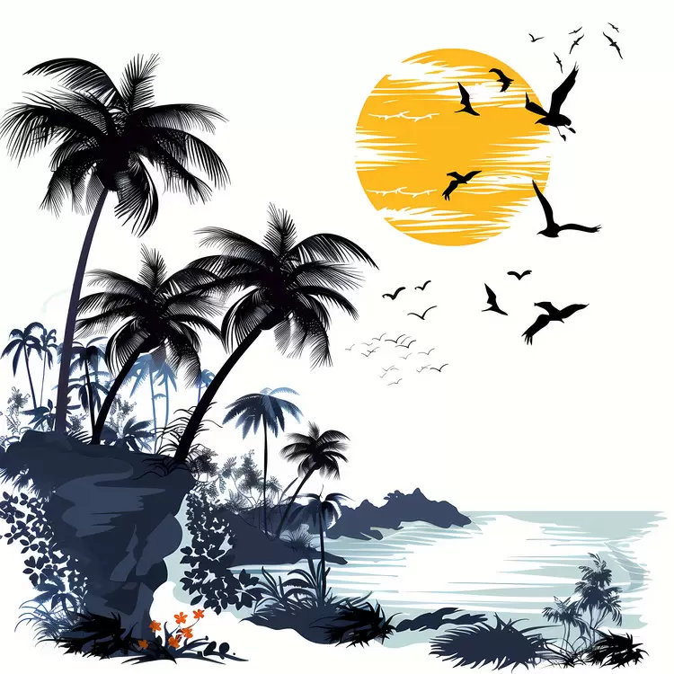 water beach peaceful palm trees birds flying