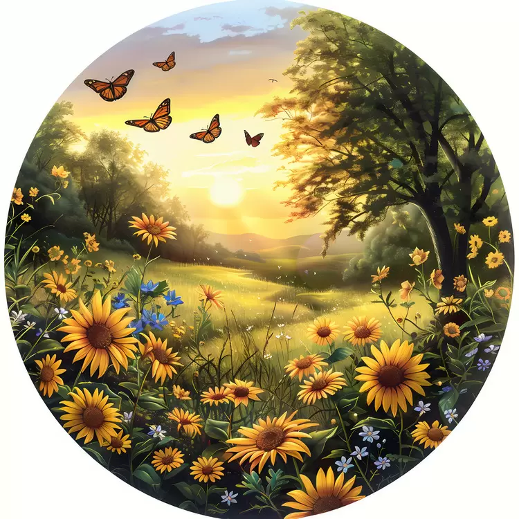 Sunset Grassy Field Country Sunflowers