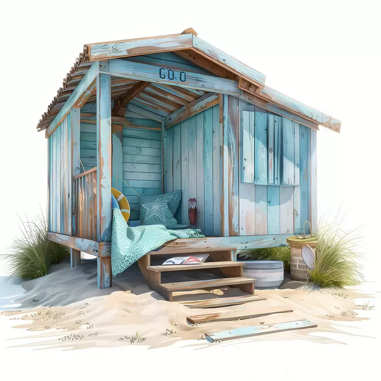 Small wooden hut shack summer house Sandy beach hut