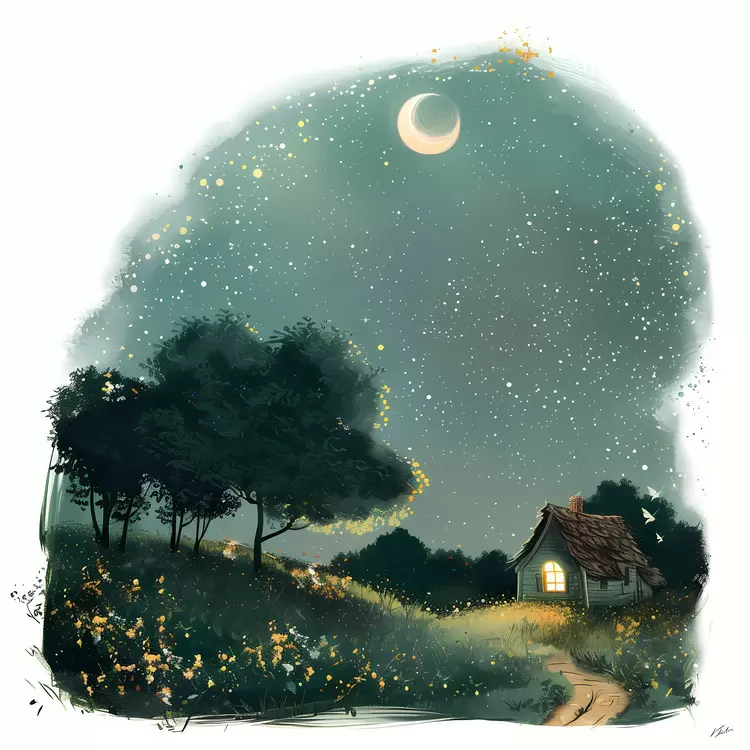 Stars House Night Moon Trees