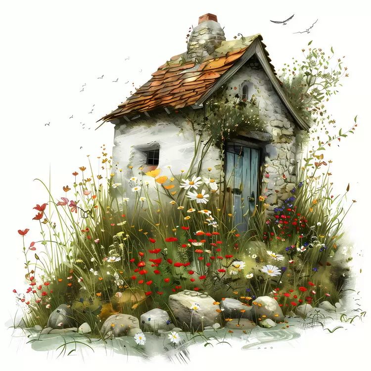 floral decor summer house rocky landscape watercolor pavilion