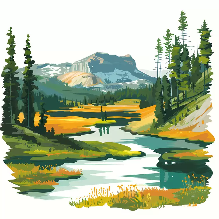 Rugged terrain Painted art Mountain scene Nature illustration Stream in the foreground