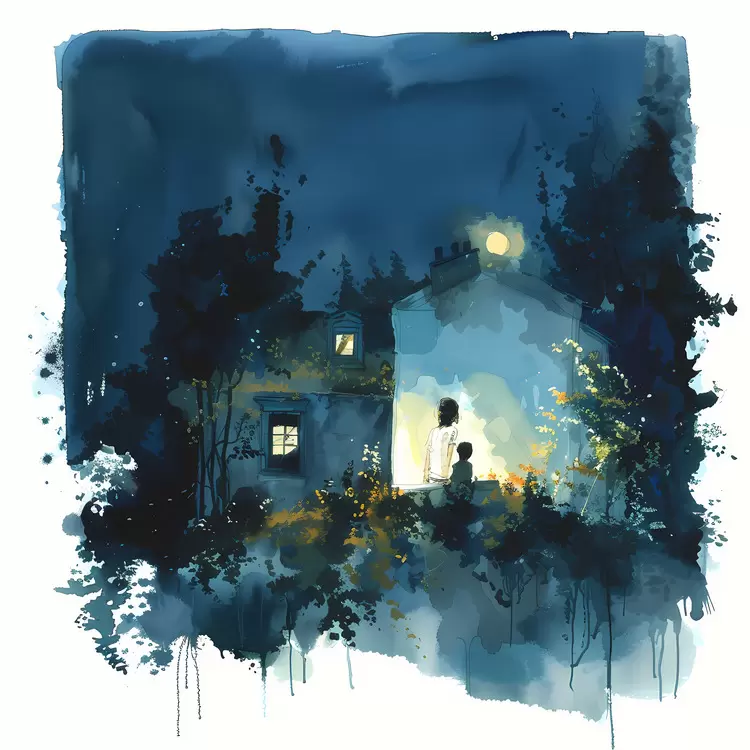 Watercolor Foliage Moon Landscape summer night