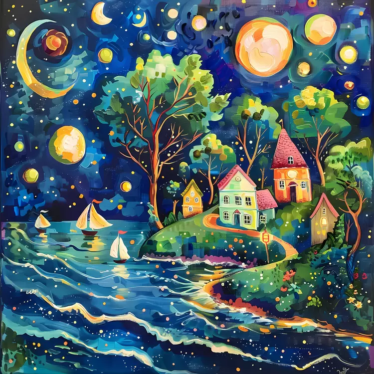 fishing village water trees stars summer night