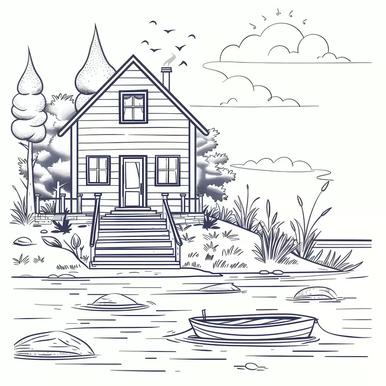 Sun House Trees Lake Fish