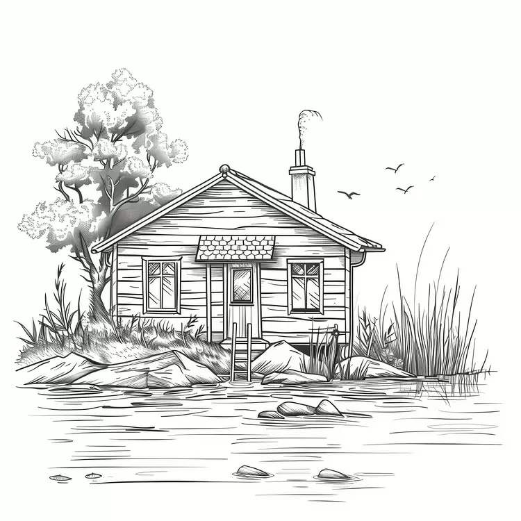 shack minimalistic cabin boat black and white