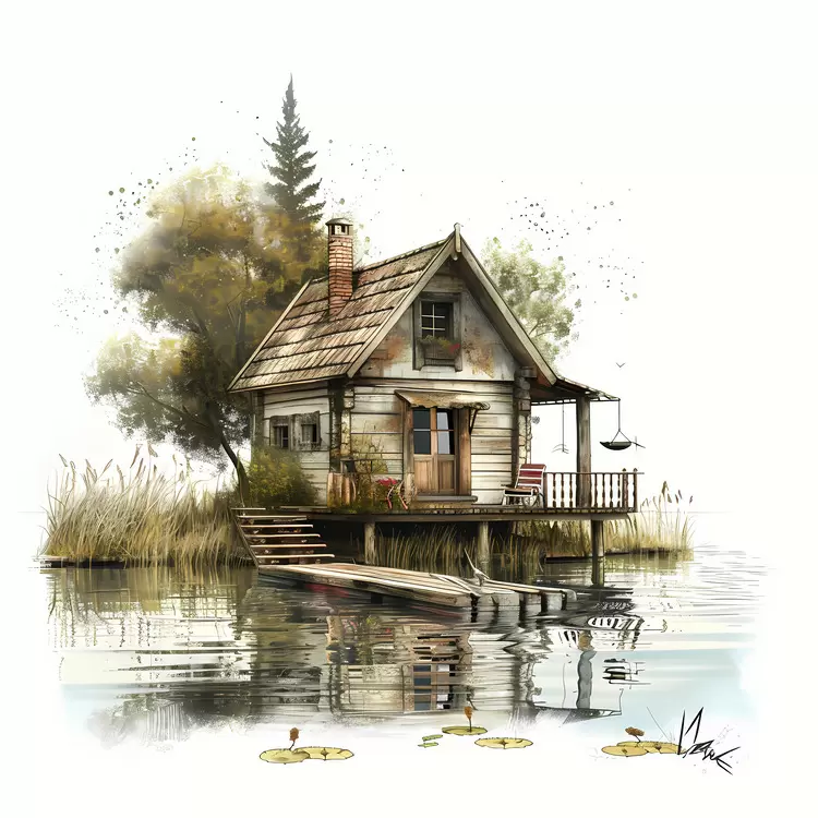 impressionistic secluded dock house lake