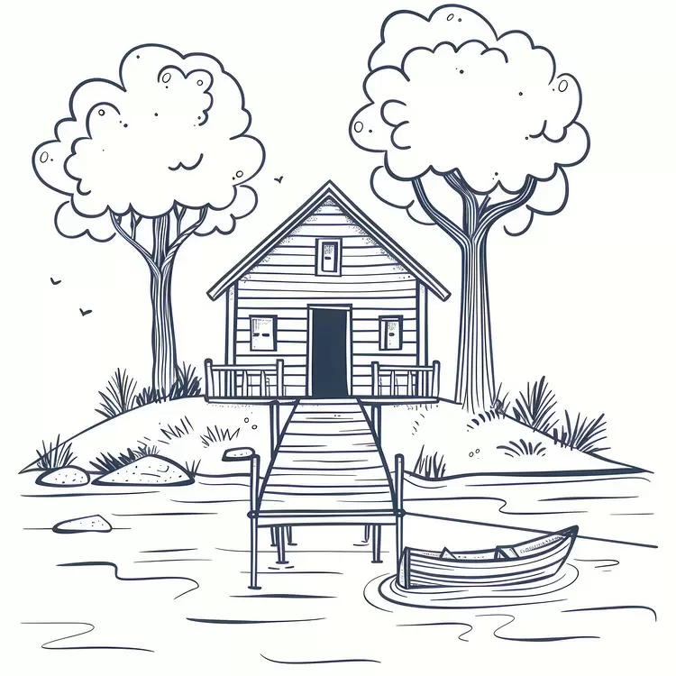 Houseboat Black and white sketch Rustic Tree Landscape