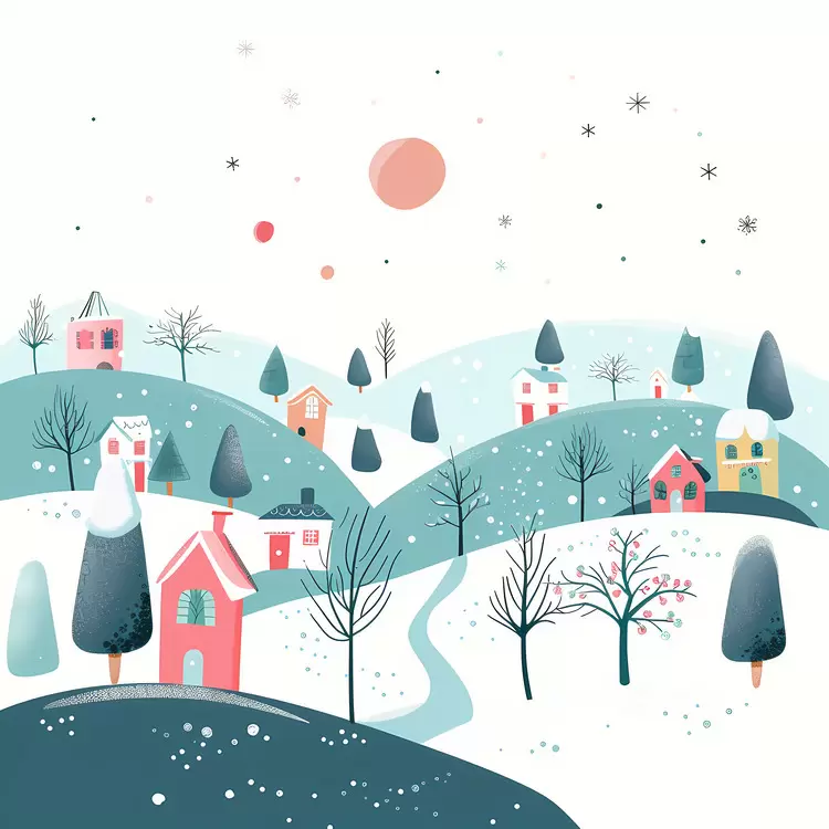 houses pine trees mountains winter scenery rural