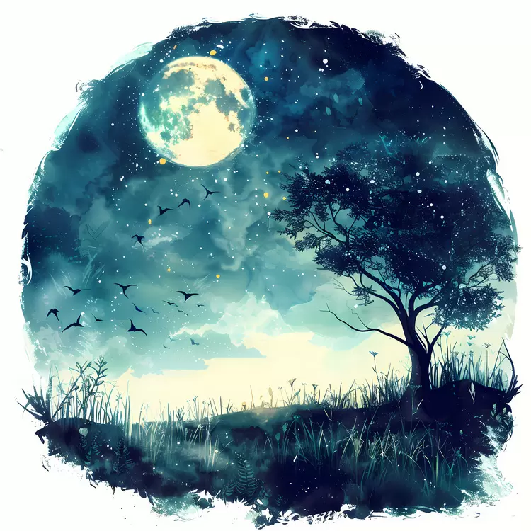 birds summer night clouds moon watercolor