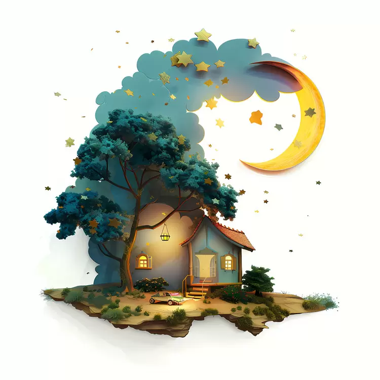 house moon children's book illustration night sky landscape