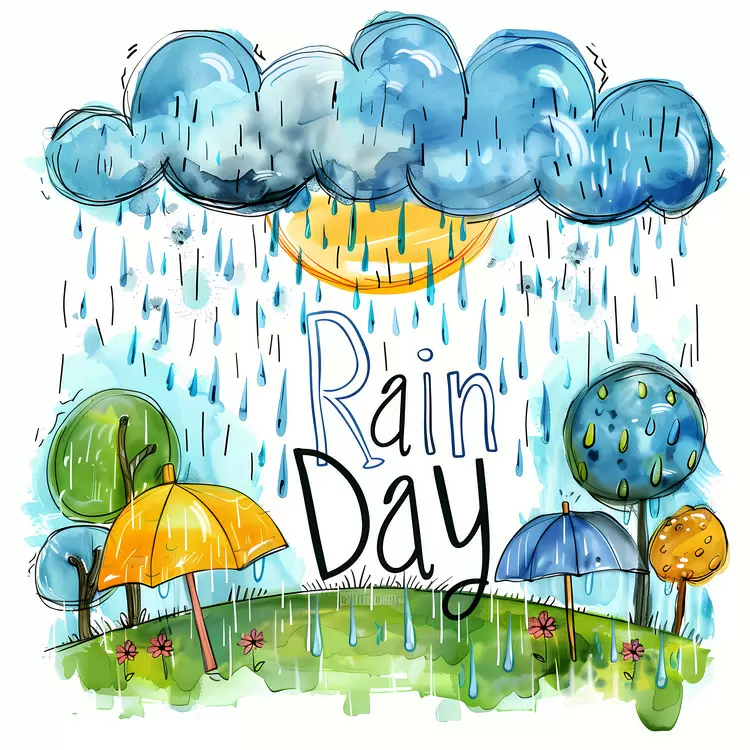 rainy day pink flowers watercolor clouds blue flowers