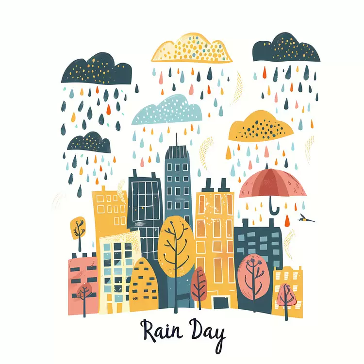Hand Drawn Rain Day Cityscape Rainy Day Colorful Buildings