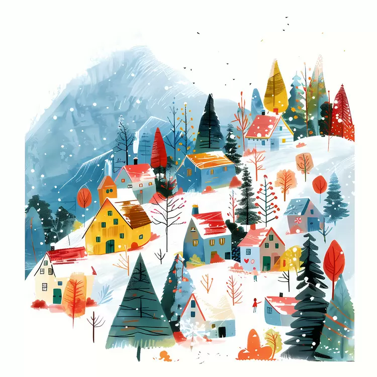 Mountains in the background Snow Red sky Houses