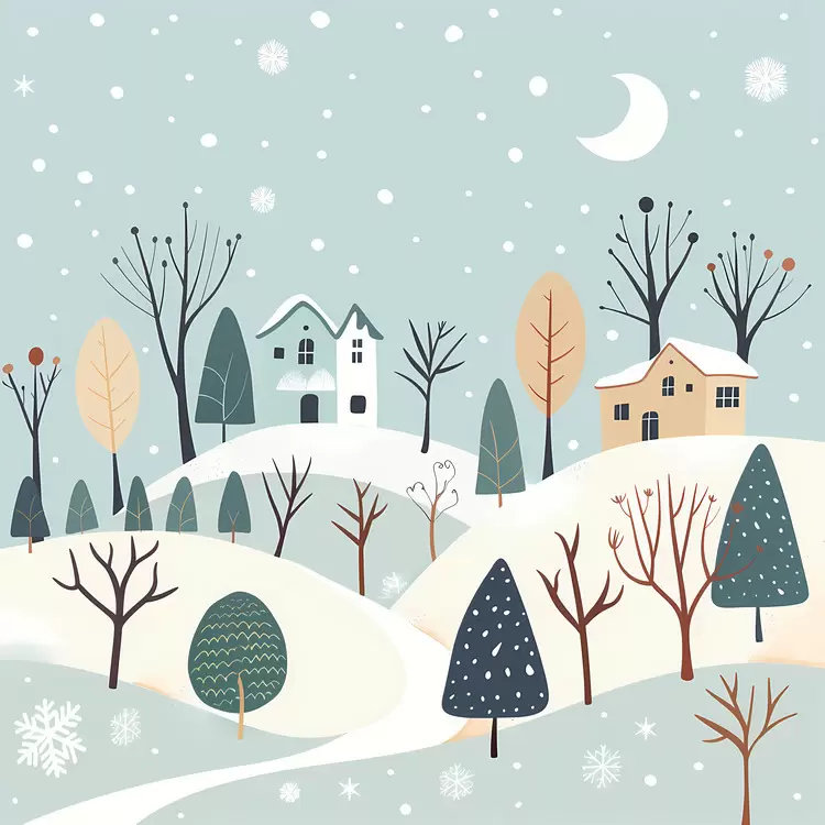snow flakes night sky houses Winter wonderland mountains