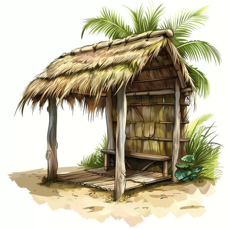 thatched roof simple beach pavilion isolated