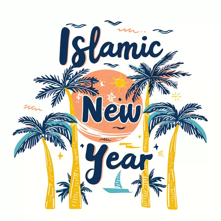 tropical island Islamic New Year sailboat happy new year moon