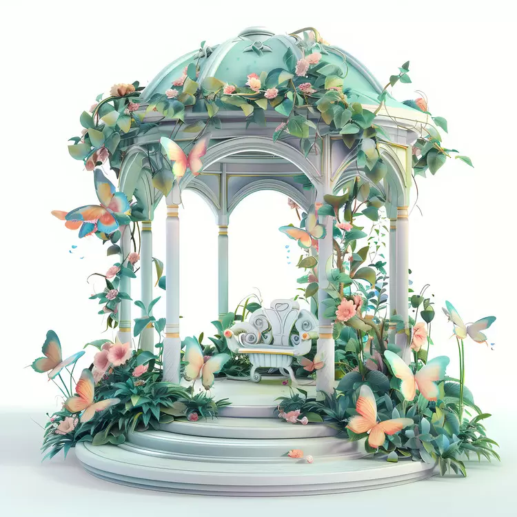 Gazebo Summer scene Outdoor setting pavilion Floral patterns