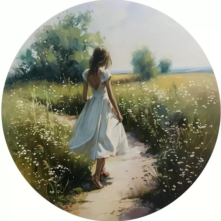 Blue sky White dress Field of flowers Walking in a field Flower dress