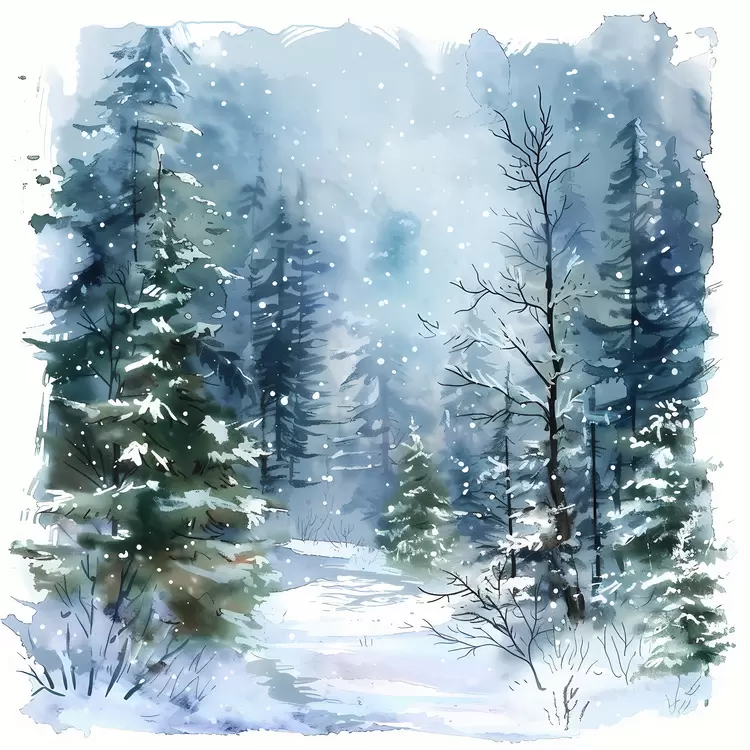 forest winter landscape watercolor painting snow covered pines blue skies in the winter