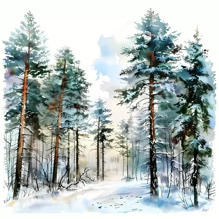 Winter landscape watercolor Misty morning Woods in winter forest
