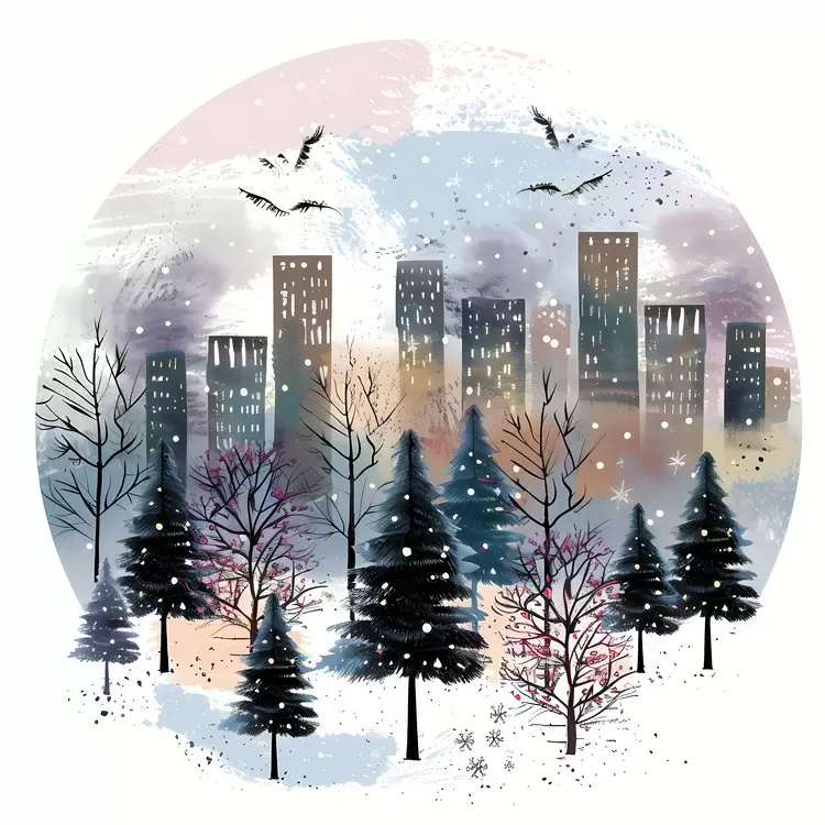 cityscape winter wonderland watercolor frost covered trees city skyline