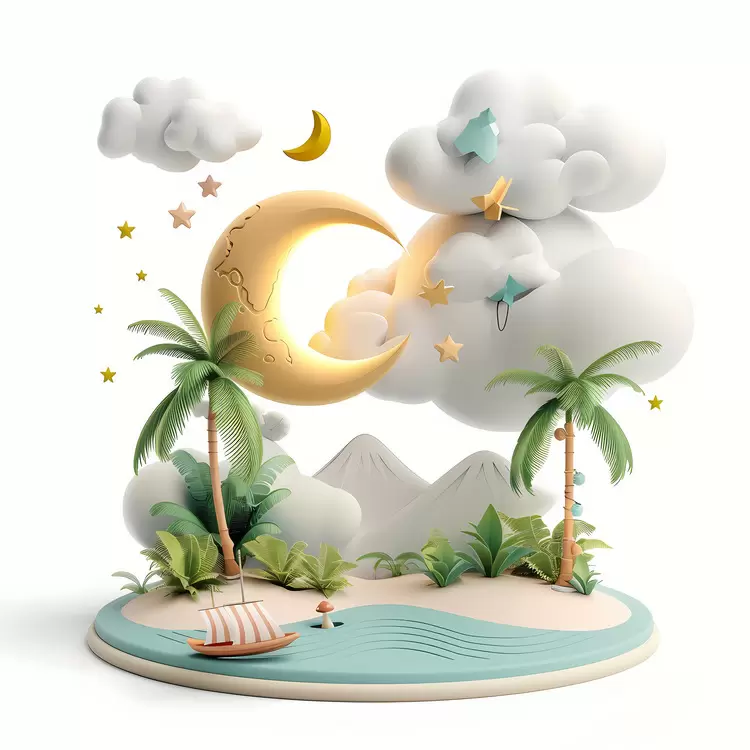 palm trees Island moon clouds cloudy sky