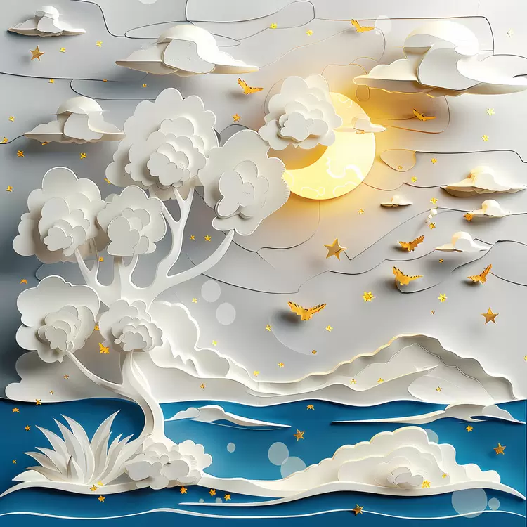 foliage and branches papercut artwork Chinese style design moonlit landscape