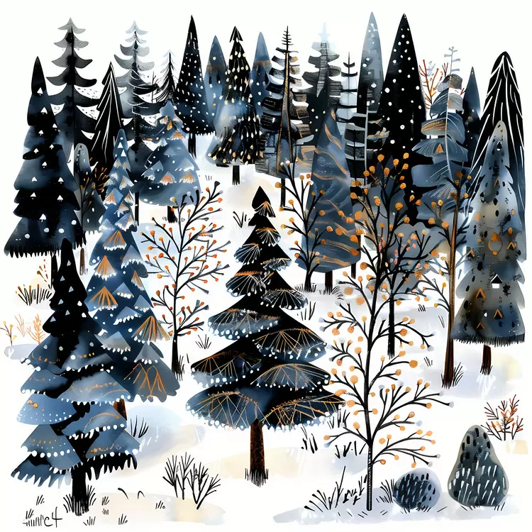 Forest scene Blue trees Snow covered pines Christmas trees Winter wonderland