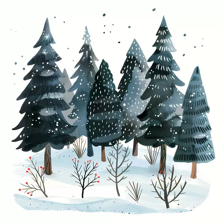 forest white trees winter scene red berries