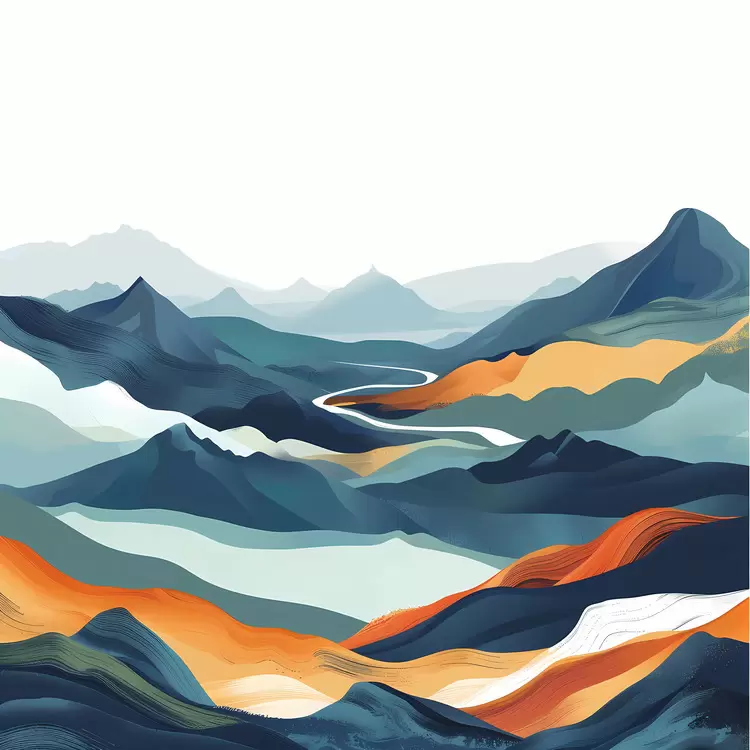 Mountainous hills green watercolor clouds brown