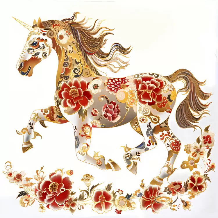 floral background golden horn red roses Chinese Zodiacs ornate design