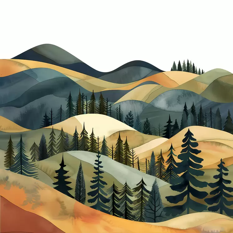 rural landscape rolling hills with tall trees forests Mountainous hills