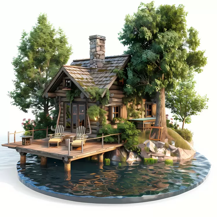 Nature inspired design Log cabin on lake Cabin in a secluded area Cabin surrounded by trees Simple house in a wilderness setting