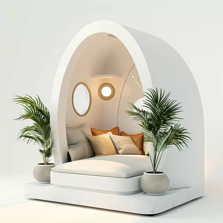 pavilion geometric shapes bed white color scheme seating area