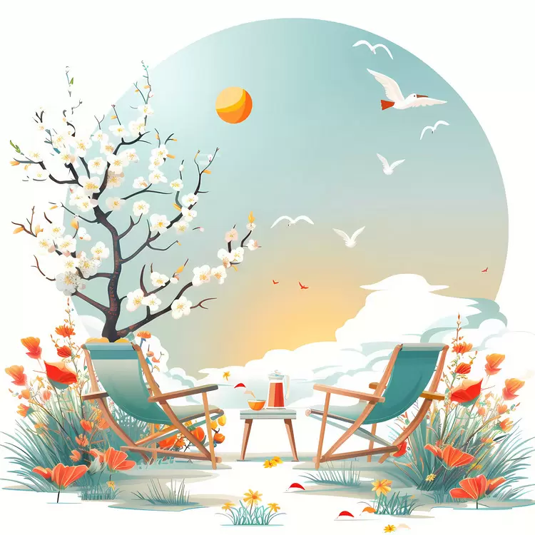 summer morning Outdoor living space Grassy field Nature scene Cherry blossoms in the background