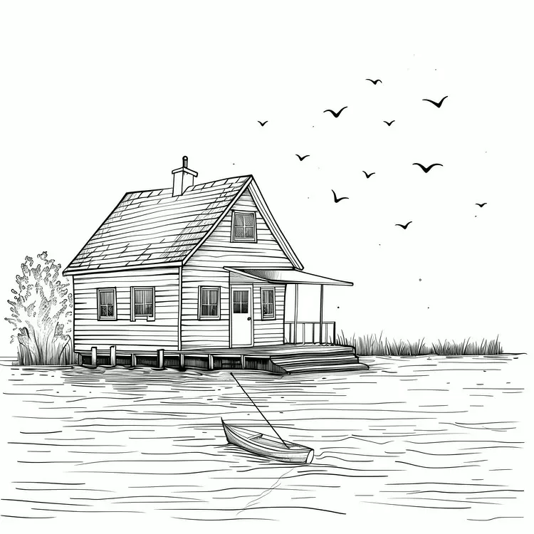 boat shoreline birds house peaceful