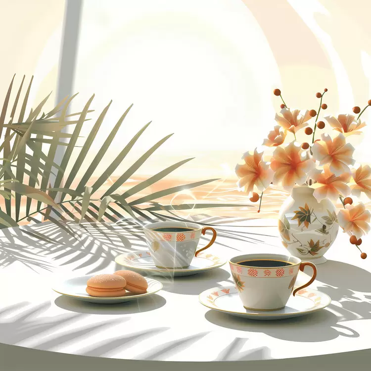 vase table sunlight coffee cups potted plant