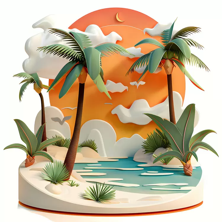 boats clouds palm trees sand