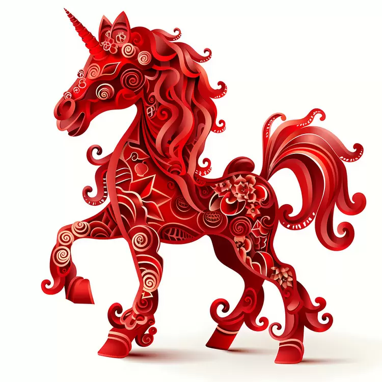 Unicorn with floral designs on its body Unicorn in the shape of an Unicorn with long legs and tail Chinese Zodiacs Red unicorn on a white background