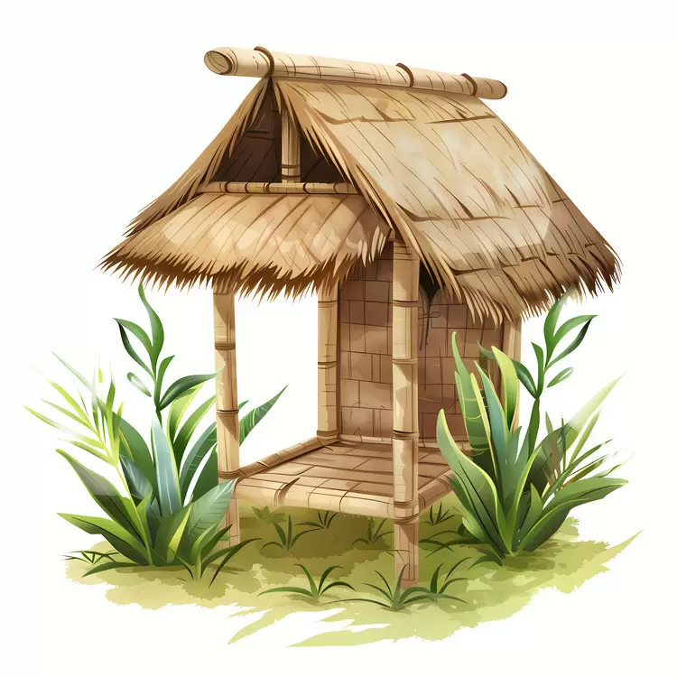Tropical Bamboo Hut Surrounded by Greenery