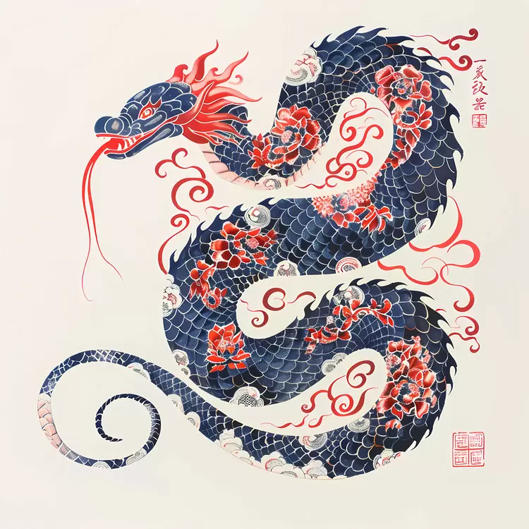 blue and red Chinese Zodiacs ink oriental