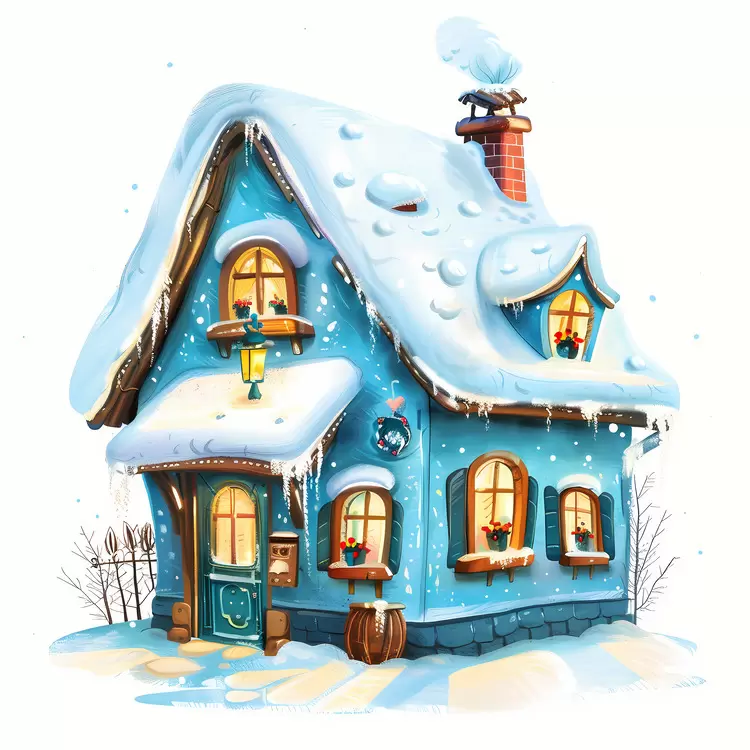 Charming Blue Cottage in a Snowy Landscape