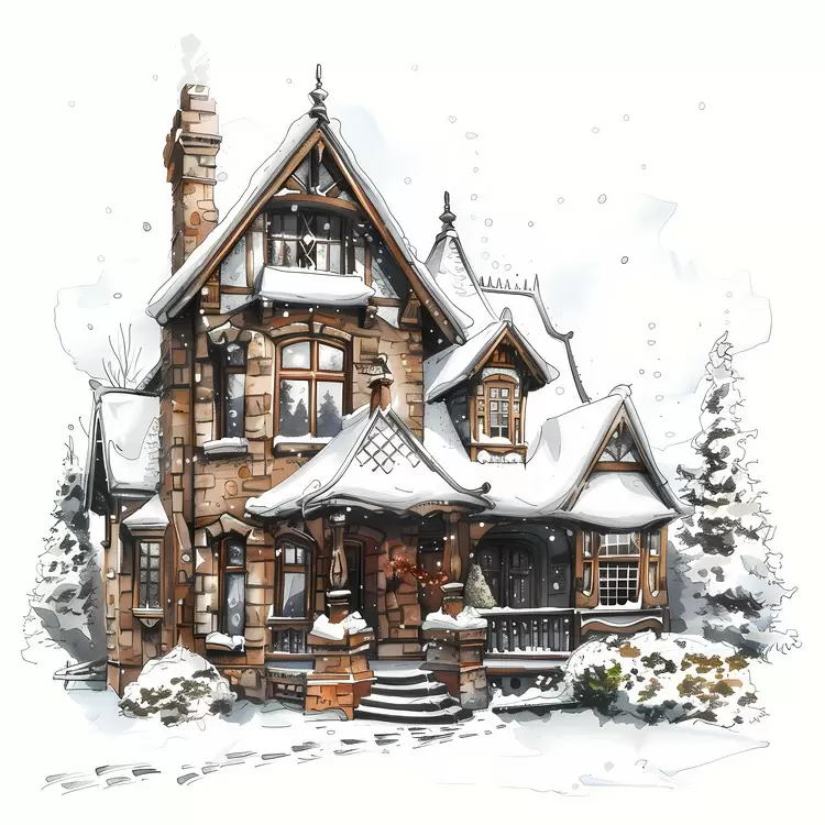 Elegant Stone House in a Winter Scene